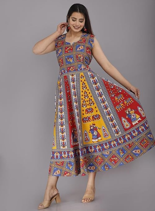 Jaipuri Printed Rajasthani Cotton Flared Dress – Traditional Ethnic Wear for Women